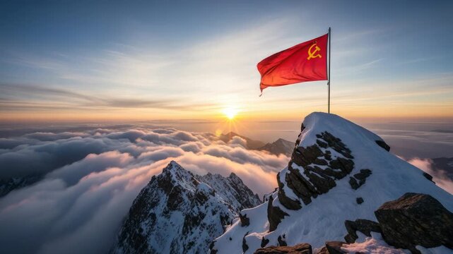Red flag with hammer and sickle flies atop snowy mountain peak at sunrise over clouds