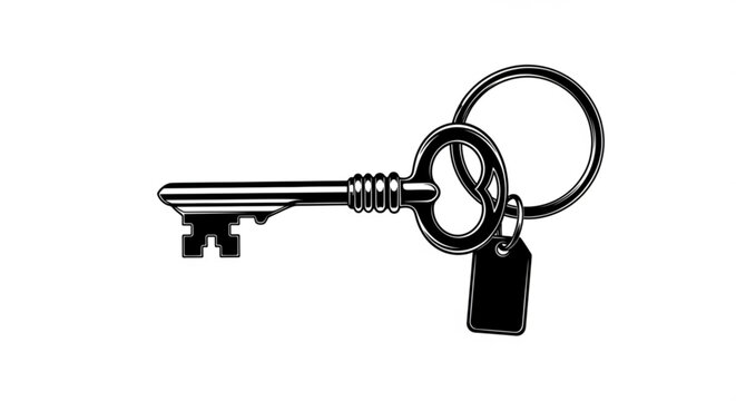 A shiny silver skeleton key with a small black tag attached to a keyring