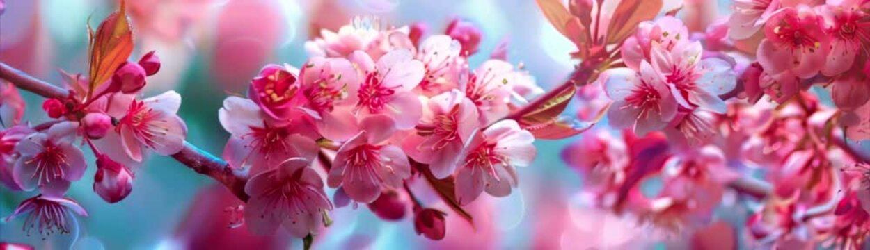Pink and white sakura blossoms on the branch. Sakura cherry tree in bloom. Colourful spring flower floral background panorama