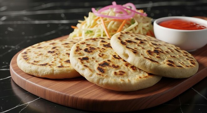 Traditional Salvadoran Pupusas served on wooden board with curtido and tomato sauce, low angle display on black marble surface, Pupusas, Salvadoran, traditional