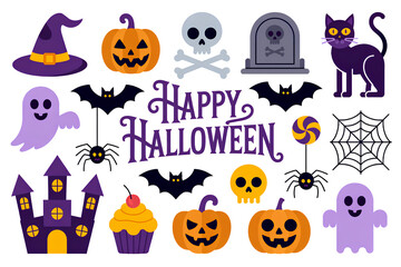Set of halloween holiday symbols including pumpkins, witch hat, black cat, ghost, spiders, bats, skull and text