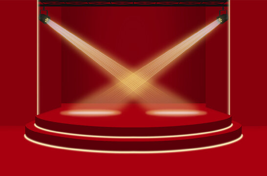 Stage lighting with spotlights, theater stage lighting, studio talk show lighting on a red background. Isolated lighting. Vector illustration.