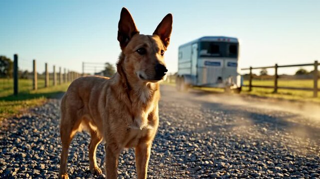 australian kelpie colors - A dog stands confidently on a gravel road, sunlight illuminating its fur, with a horse trailer in the background and a serene countryside setting