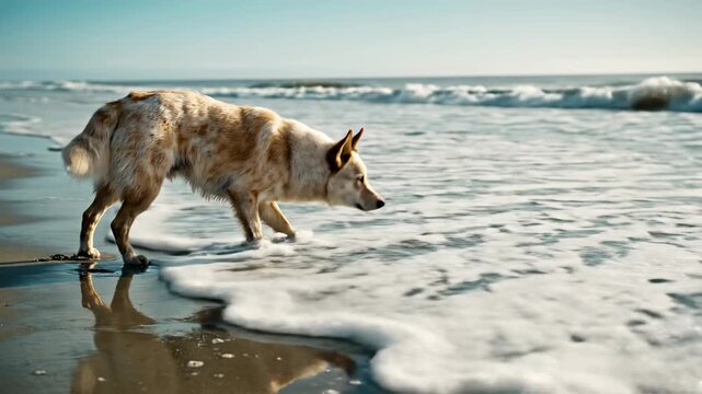 australian kelpie colors - A dog stands on a sandy beach, gazing at the rolling waves under a clear blue sky, with its fur glistening in the sunlight and water splashing nearby