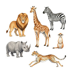 Fototapeta premium Vibrant watercolor illustration of diverse safari animals including lion giraffe zebra rhinoceros cheetah meerkat