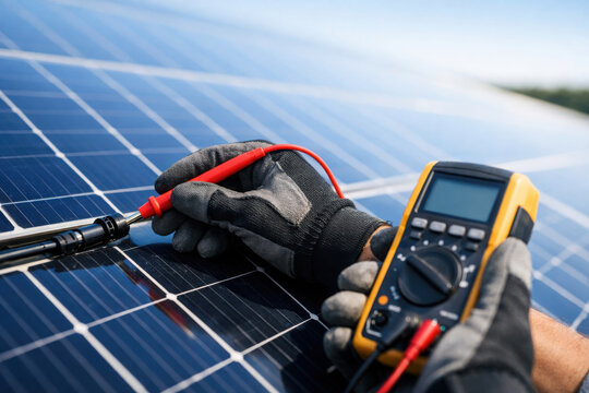 Testing solar panel with multimeter, technician checks voltage and performance, ensuring efficiency and safety in renewable energy systems