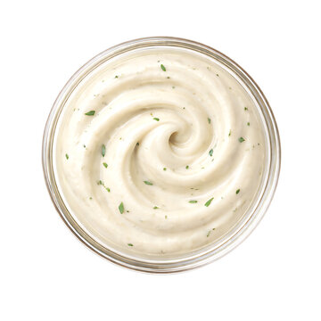 Creamy garlic sauce, a culinary delight, photographed from above, inviting one to imagine the taste isolated on transparent background