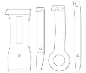 Vector illustration of automotive interior repair tools. Isolated on white. Black line design. Tool set.