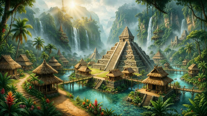 Ancient Mayan pyramid temple surrounded by lush tropical rainforest jungle with mystical sunlight rays creating magical atmospheric adventure scene