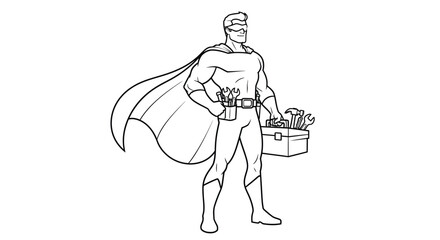 A superhero stands with a toolbox holding a cape in a simple line drawing © Saidul_Studio1984