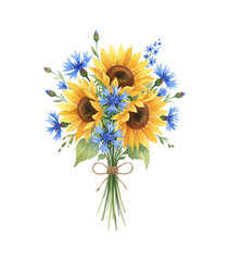 Naklejka premium Vibrant Bouquet of Yellow Sunflowers and Blue Cornflowers Tied with Twine Rustic Floral Arrangement