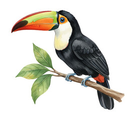 Obraz premium Vibrant Toucan with Multi Colored Beak and Blue Eye Perched on a Green Leafy Branch Watercolor