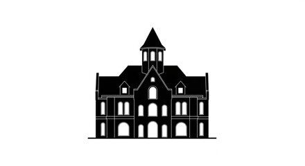 A large black silhouette of an old mansion house with a tower on top