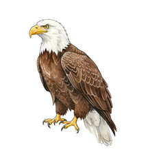 Obraz premium Majestic Bald Eagle Perched on a Rock with an Observant Watchful Expression in Watercolor Illustration Style