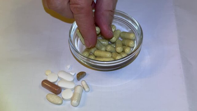 Close-up of woman's fingers counting capsules in glass jar, soft clinical lighting, beige herbal capsules with visible granules, careful fingertip movement, dosing routine and supplement