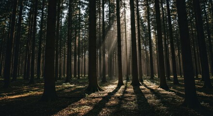 Obraz premium Sun rays pierce a dark, dense forest, casting long shadows on the floor
