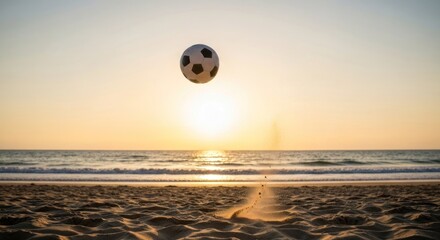 Obraz premium Soccer ball in mid-air over ocean beach at sunset. Sand, water, horizon, & sky blend
