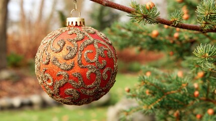 Decorative ornament hangs on evergreen tree branch during holiday season