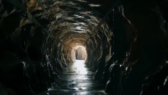 4K cinematic footage of dimly lit rocky tunnel with distant light at the end creating moody mysterious atmosphere perfect abstract cinematic adventure themed stock 