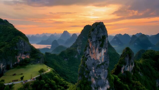 High resolution 4K aerial footage orbiting towering limestone karsts ridges Ninh Binh Vietnam during sunset capturing dramatic landscapes textures tropical scenery travel stock 