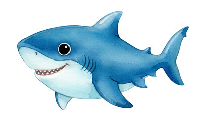 Fototapeta premium Happy Smiling Cute Blue Shark Showing Teeth Swimming Joyfully Cartoon Watercolor Illustration