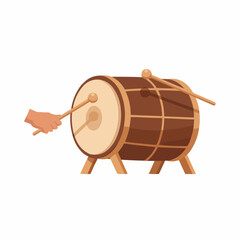 Traditional brown wooden Dholak drum with drumsticks and hand playing