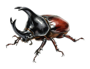 Detailed Rhinoceros Beetle Illustration with Dark Horns and Reddish Brown Body on White Background