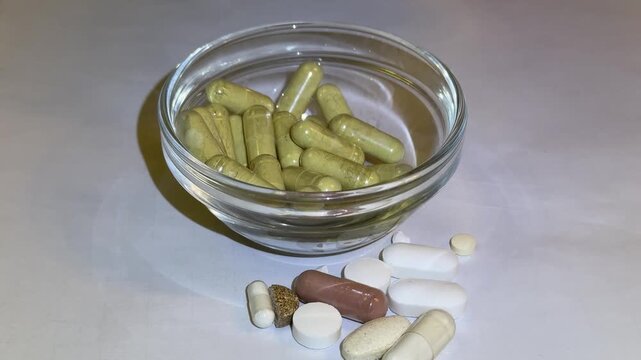 Close-up of woman's fingers counting capsules in glass jar, soft clinical lighting, beige herbal capsules with visible granules, careful fingertip movement, dosing routine and supplement