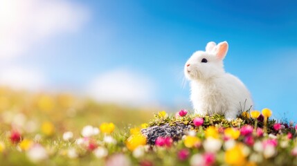 White rabbit sits on a small rock in a field of colorful flowers during daytime