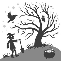 Fototapeta premium Halloween silhouettes featuring eerie characters like a haunted tree with a face, a menacing monster, a scarecrow, a flying crow, and bubbling cauldron