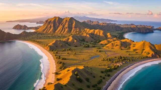 Stunning Aerial View of Padar Island Indonesia at Sunrise.