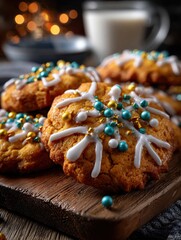 Close-up of golden-brown decorated cookies with glossy icing