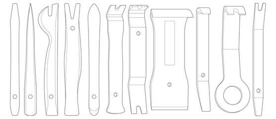 Vector illustration of automotive interior repair tools. Isolated on white. Black line design. Tool set.