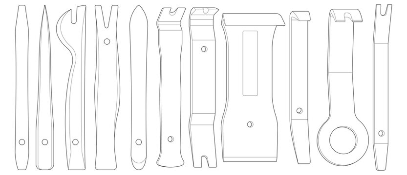 Vector illustration of automotive interior repair tools. Isolated on white. Black line design. Tool set.