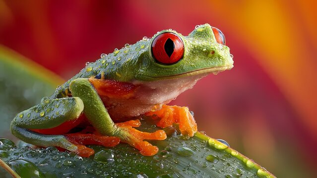 A vibrant red-eyed tree frog with bright green skin and orange feet, covered in tiny water droplets, perches on a wet green leaf against a colorful, blurred background.