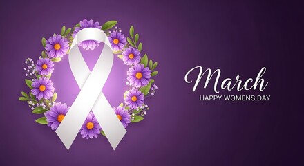 Fototapeta premium International womens day awareness ribbon with purple flowers and march text