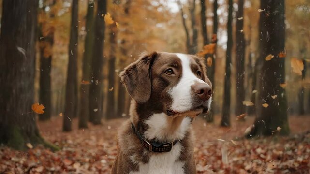 Dog in autumnal woodlands, surrounded by falling leaves and towering trees