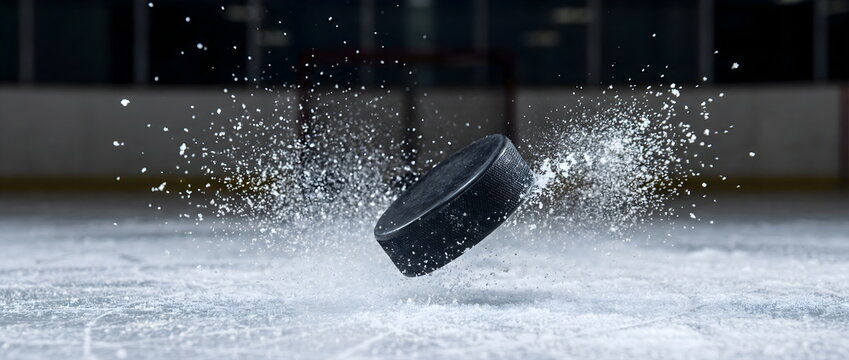 Ice hockey puck sliding on rink with spraying snow close up. Fast motion sport equipment hitting the ice with splash explosion