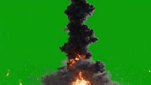 Rocket launch mishap &ndash; fiery blast with smoke trail twisting upward on green screen background.