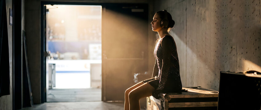 Female figure skater sitting backstage in tunnel mentally preparing for competition. Silhouette of athlete focusing before going on ice arena in dramatic light.