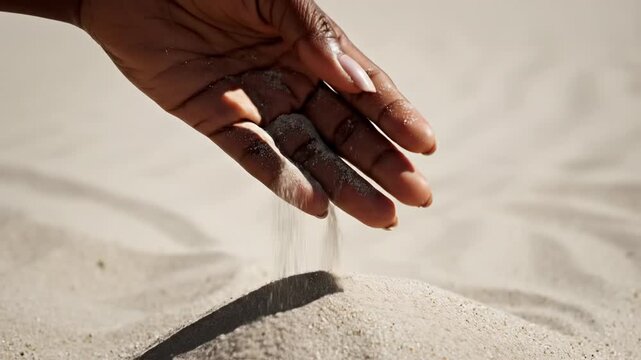 Fingers with sand falling. In slow motion, sand cascades through a persone fingers, capturing individual particles and graceful movement.