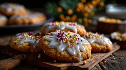 Close-up of golden-brown decorated cookies with glossy icing