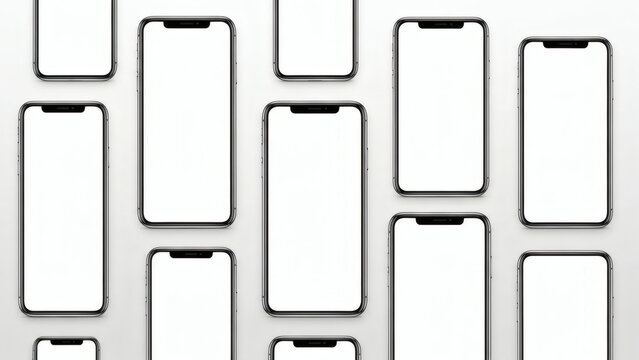 Multiple blank smartphones on white background, mobile phone mockup template