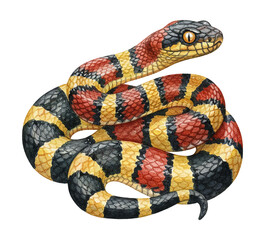 Fototapeta premium Red Yellow and Black Banded Snake Coiled Calmly on a White Background Realistic Wildlife Art