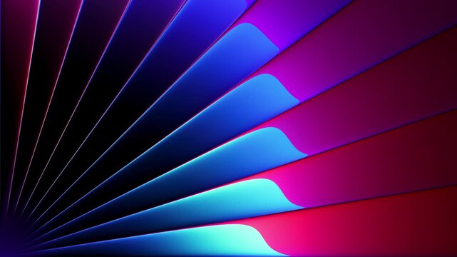 Radial waves flow smoothly and refract through ribbed glass surface converging at the corner. Fan-shaped array of geometric sharply defined glass ridges with dynamic neon color flow. Seamless loop. 4K