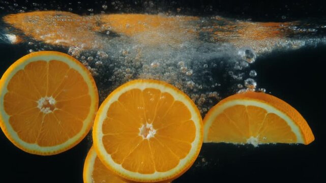 Sliced oranges dropping into water with splashes from a high viewpoint