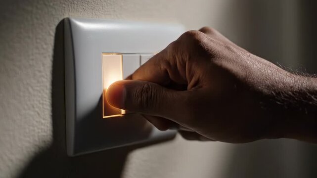 Hand switching on light. A close-up shows a person carefully flipping a light switch on, emphasizing the moment light fills the space.