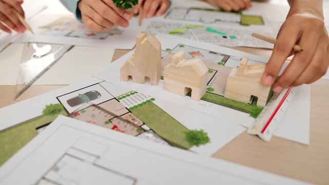 Architects determine position of tree or house using building blueprint on messy table with architectural project and measurement tool scattered around. Business and environment concept. Delineation.
