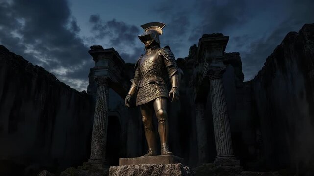 Bronze statue of a knight in armor under a dramatic, cloudy sky with ancient ruins
