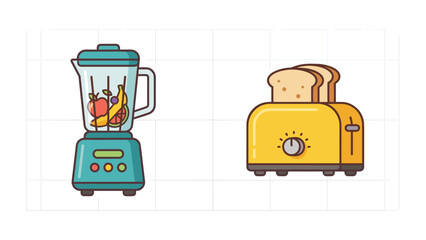 Modern flat vector icons of kitchen appliances featuring a teal electric blender filled with fresh fruit and a yellow bread toaster with toast slices, isolated on a white grid background.